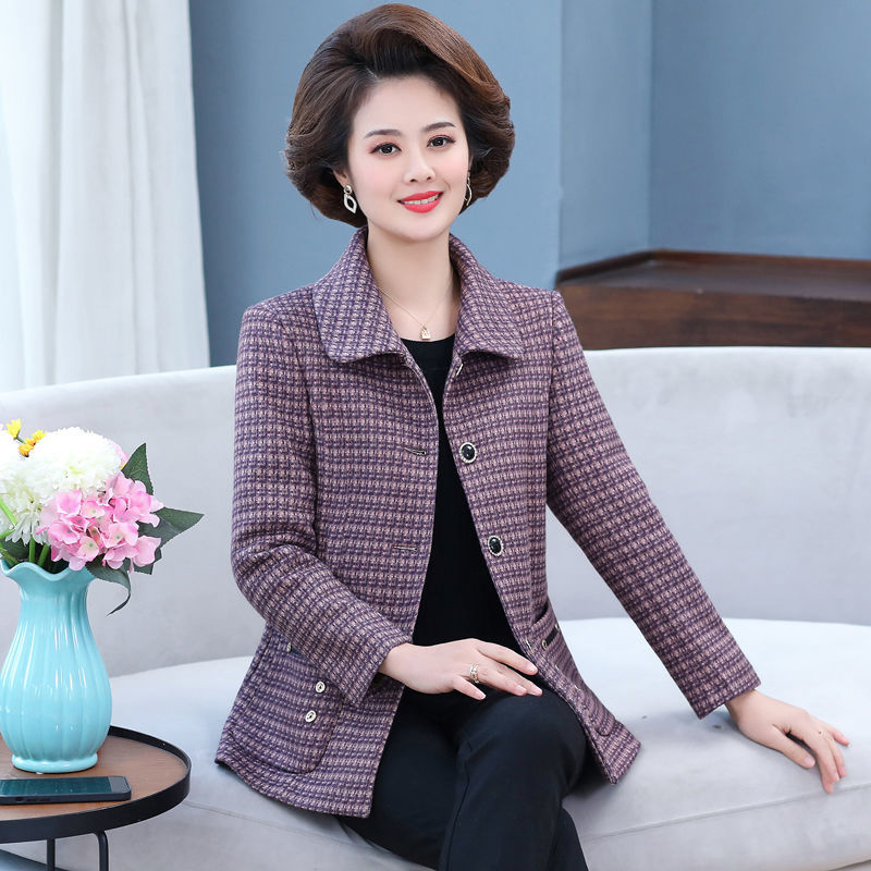 媽媽秋裝外套短款洋氣時尚中年人翻領毛呢格子中老年女裝春秋上衣