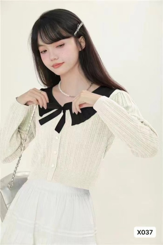 秋季新款甜美減齡娃娃領拼色蝴蝶結長袖開衫上衣女