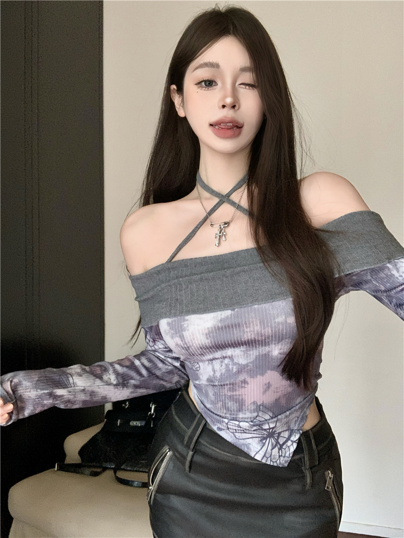 Real shot, aiming at the top of the heart, hot girl T-shirt with butterfly print, one-shoulder ruffle collar knitted bottoming top