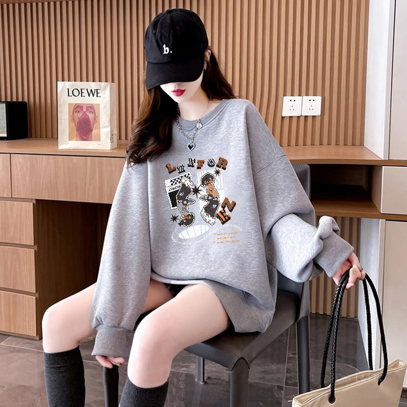 灰色美式印花圓領衛衣女秋冬小眾復古oversize高級感超好看上衣潮