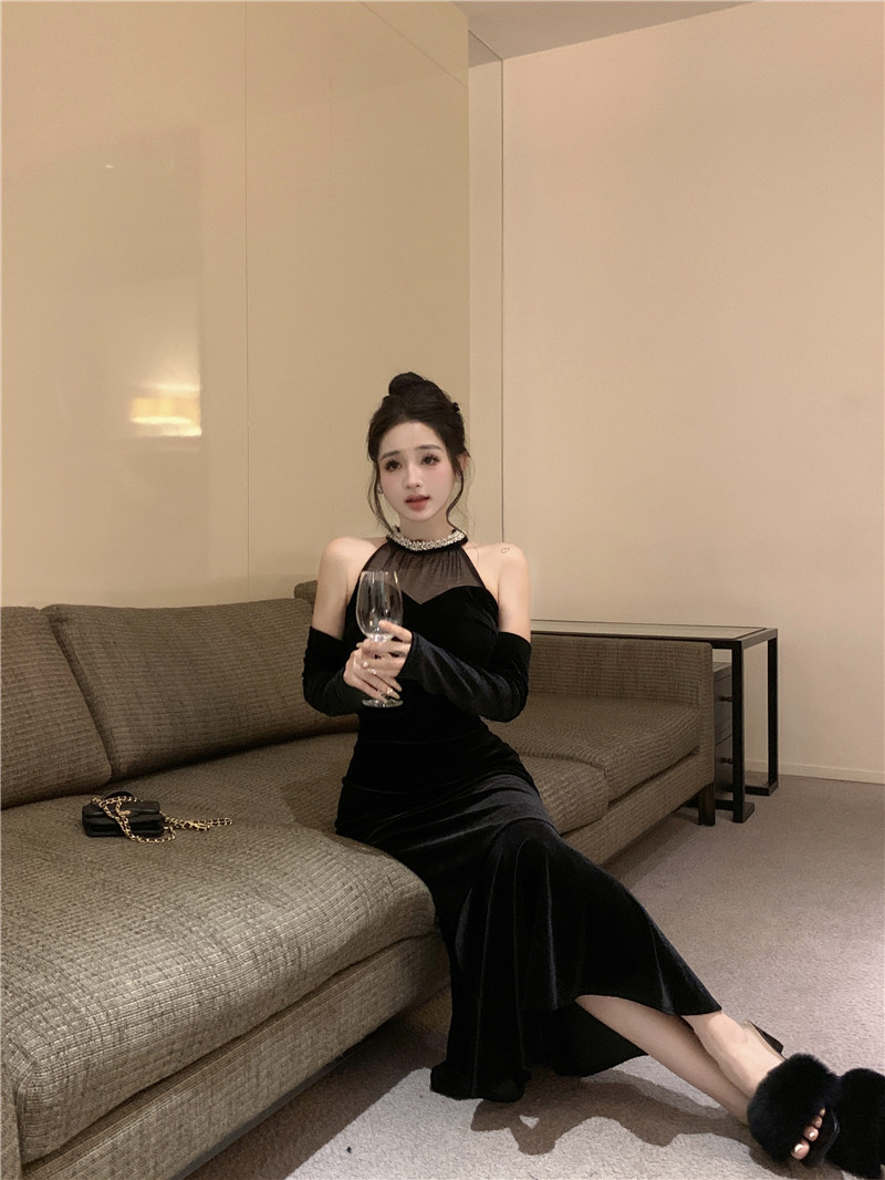 實拍~高級感名媛手工釘珠黑色性感絲絨連衣裙女掛脖禮服裙