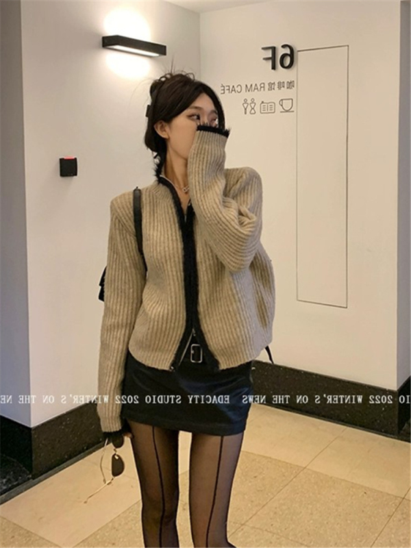法式小香風撞色針織開衫女秋冬高級感小眾慵懶拉鏈黑色毛衣外套潮