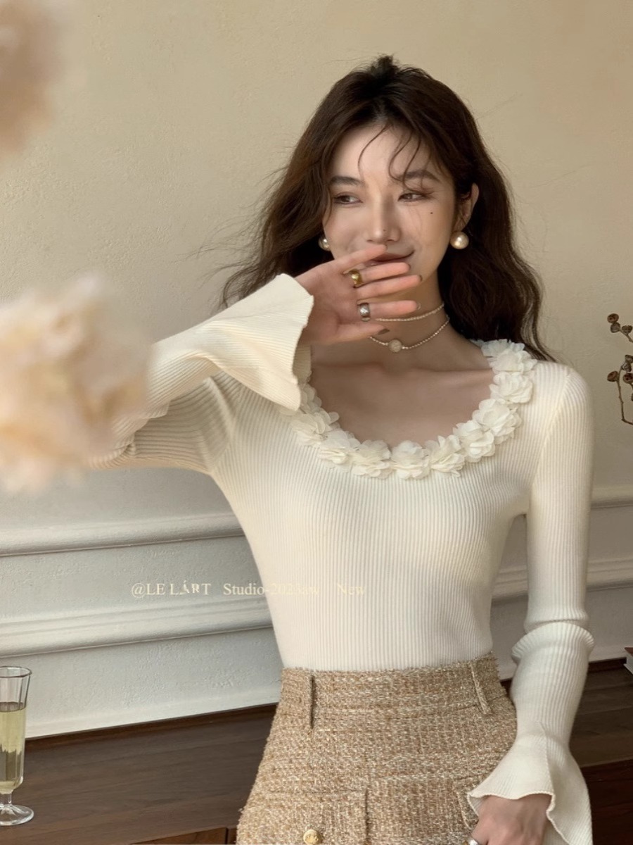 包芯紗#小眾高級氣質甜美立體花朵針織衫女法式設計感優雅喇叭袖