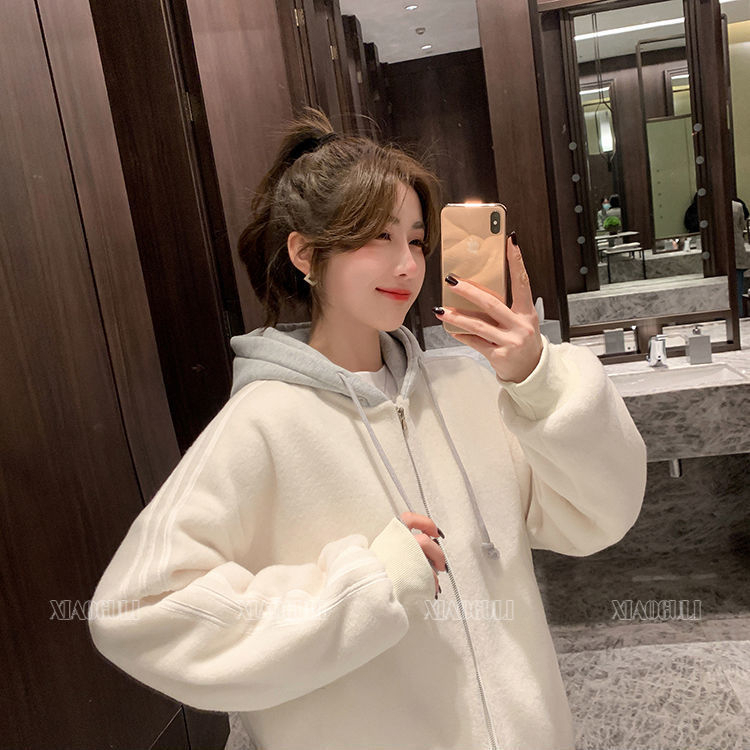 Drawstring hooded splicing short coat for women winter 2023 plus velvet trendy fashionable age-reducing casual top