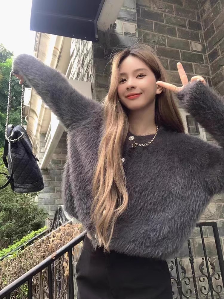 新款奶系甜美水貂絨毛衣外套女裝春秋韓版溫柔慵懶風寬鬆針織開衫