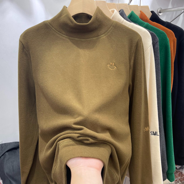 雙面德絨半高領秋季新款打底衫女大碼刺繡長袖歐洲站內搭保暖上衣