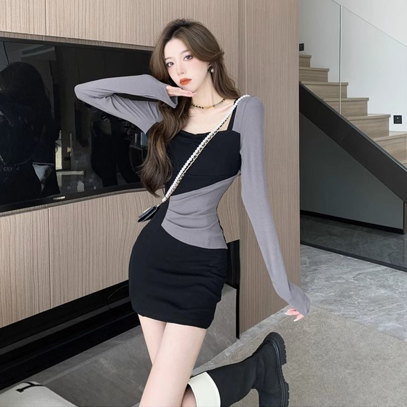 純欲辣妹拼接撞色連衣裙女2023秋冬新款小眾設計感修身包臀短裙子