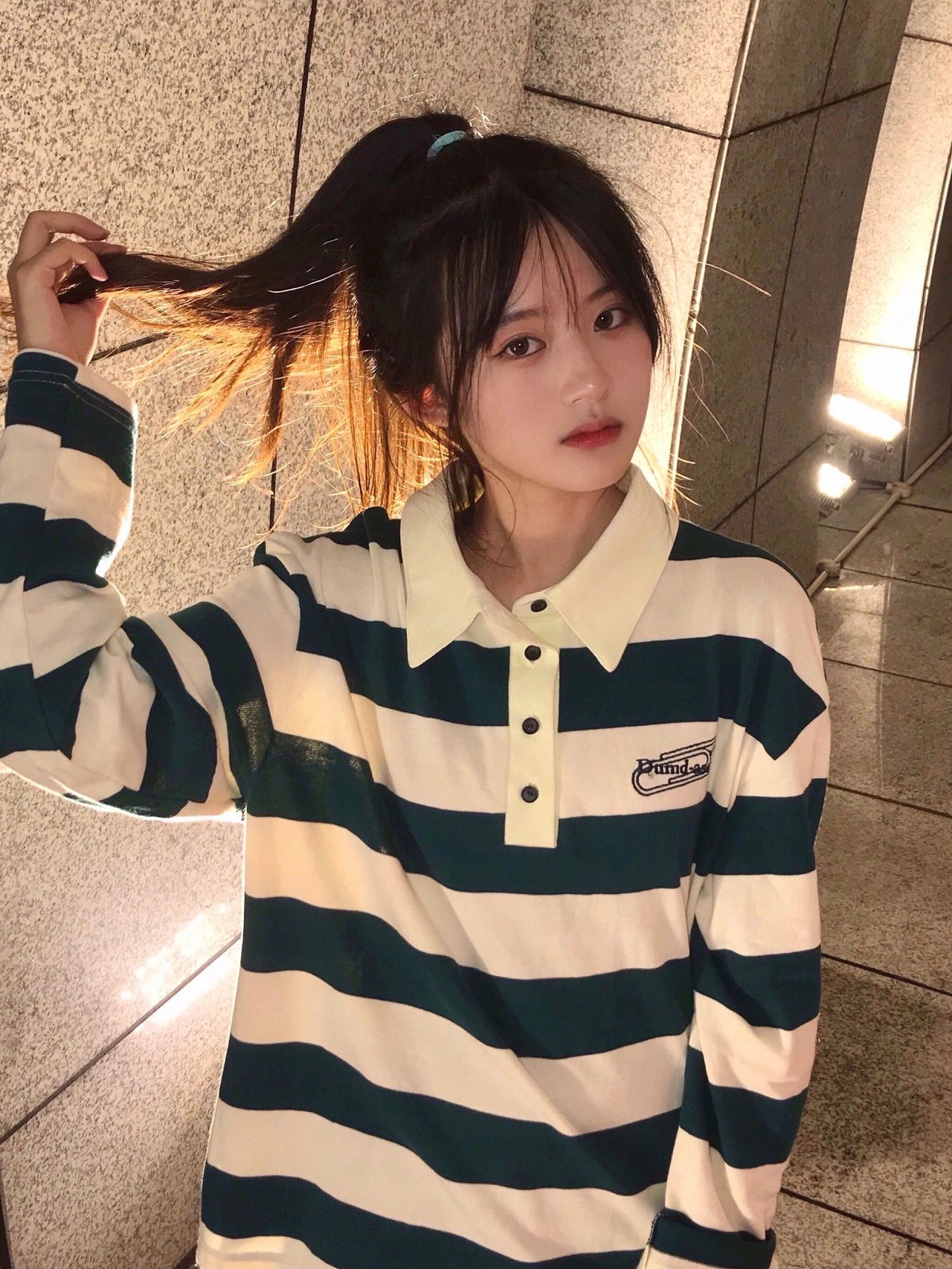 繡花條紋Polo領上衣小眾ins薄款寬鬆衛衣女