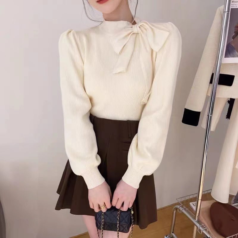 2023秋冬韓版修身蝴蝶結長袖圍巾領針織衫女內搭打底衫上衣溫柔風
