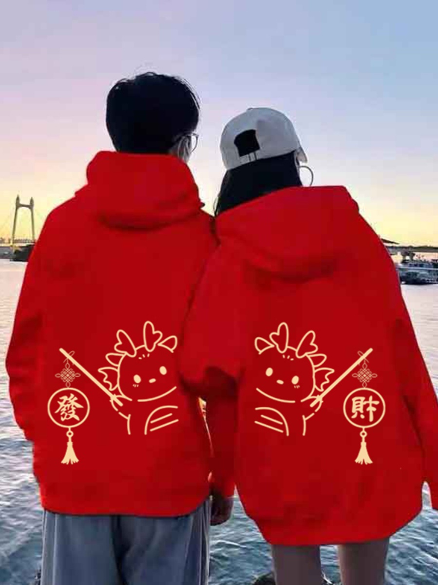 2024 Year of the Dragon, the zodiac year, red sweatshirts for couples, spring, autumn and winter styles, New Year's Eve couples outfits, autumn and winter coats