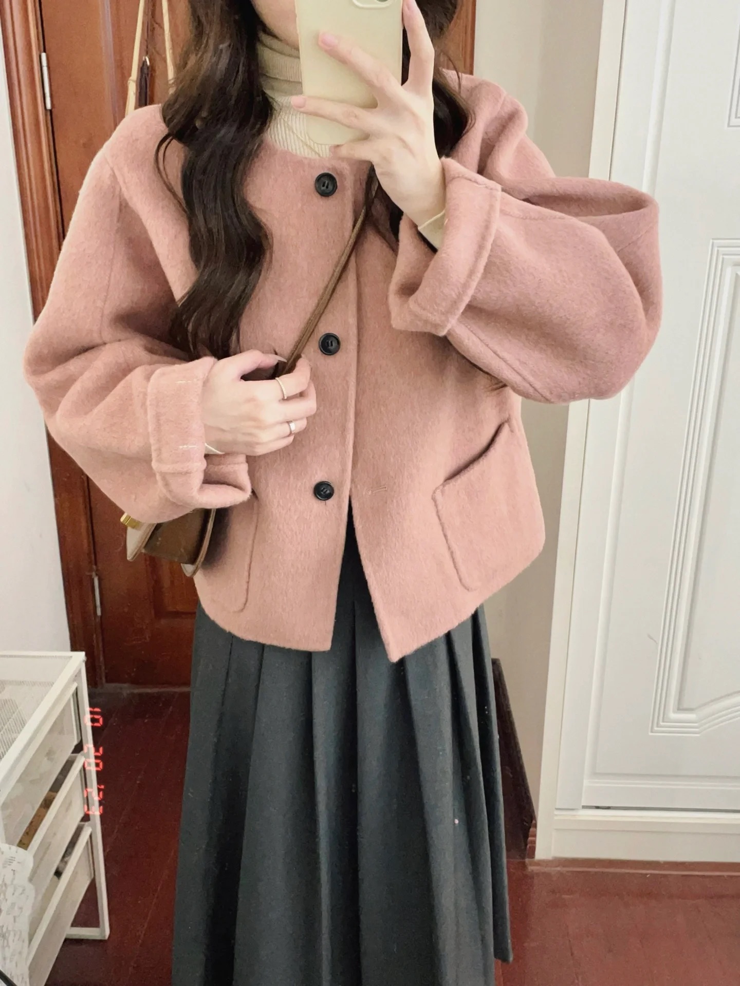 小香風短款外套女秋冬2023新款羊毛呢子高級感大衣+百褶裙兩件套