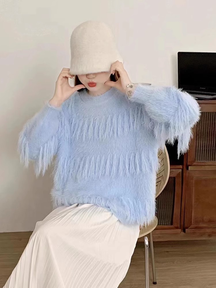 仿水貂絨毛衣女士時尚長流蘇針織衫寬鬆慵懶風加厚上衣圓領套頭衫