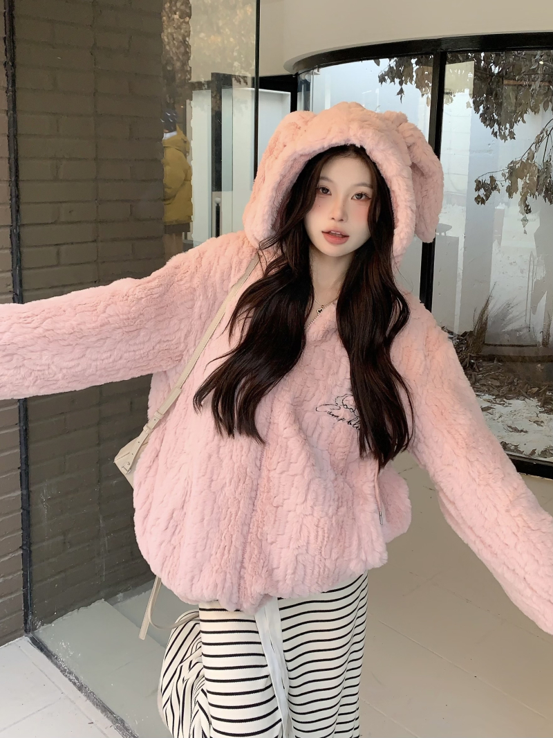 實拍 毛茸茸可愛兔耳朵羊羔絨外套女冬季2023新款連帽棉服