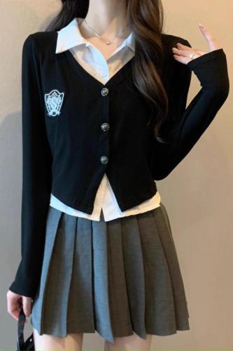 天猫质量假两件Polo领长袖衬衫女秋季胖MM黑色短款学院风上衣