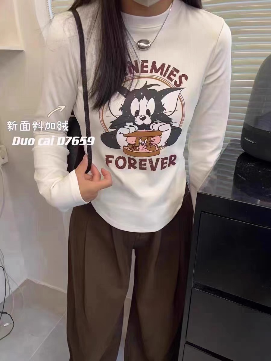 卡通印花減齡長袖t恤女磨毛加絨短款秋冬緊身內搭打底衫棉質上衣