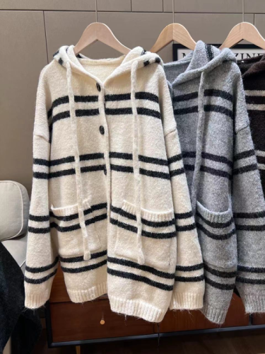 Hooded Striped Brown Knitted Cardigan Women's Autumn and Winter Korean Style Loose Lazy Style Large Size Soft Waxy Sweater Jacket Top