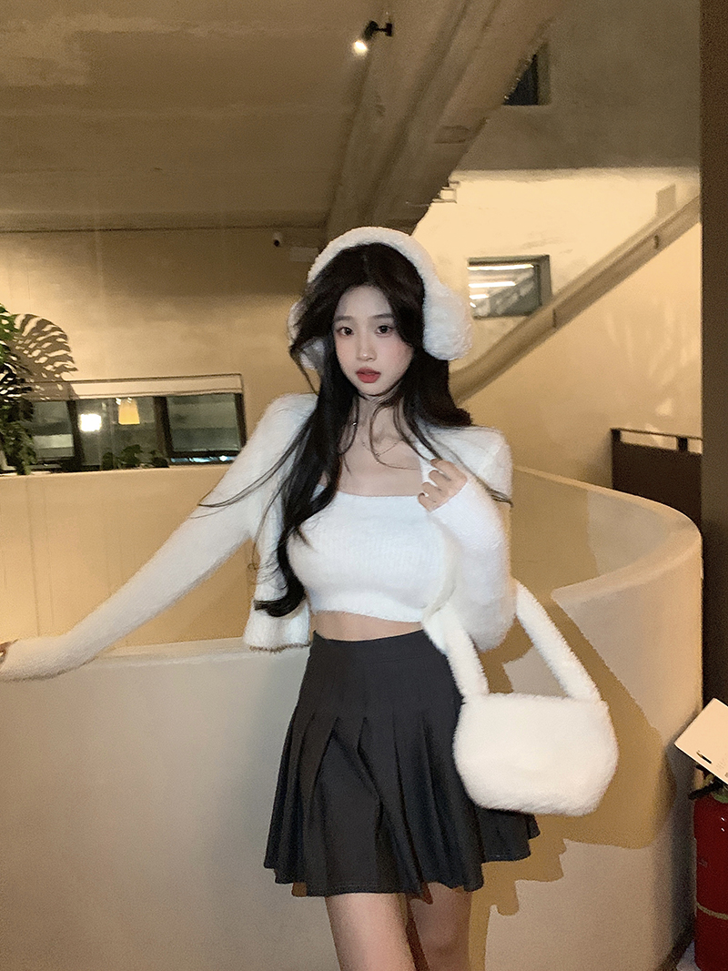 實拍~溫柔風仿水貂毛軟糯毛衣女冬季外套+吊帶