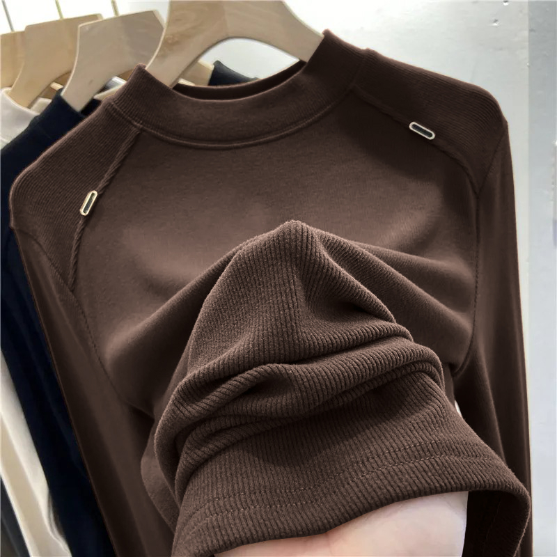 German velvet ribbed bottoming shirt for women in autumn and winter, slim fit with small stand-up collar, slim casual long-sleeved T-shirt top