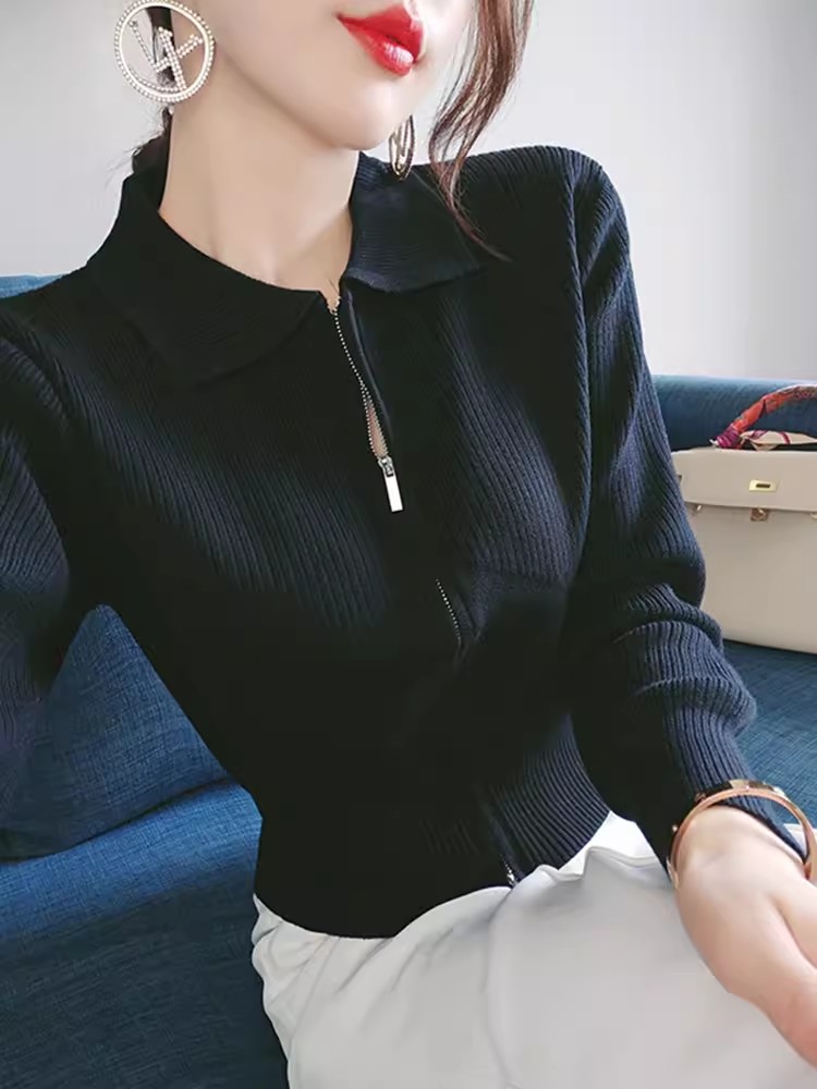 黑色polo領針織開衫外套女2023年新款氣質修身拉鏈款秋裝韓系上衣