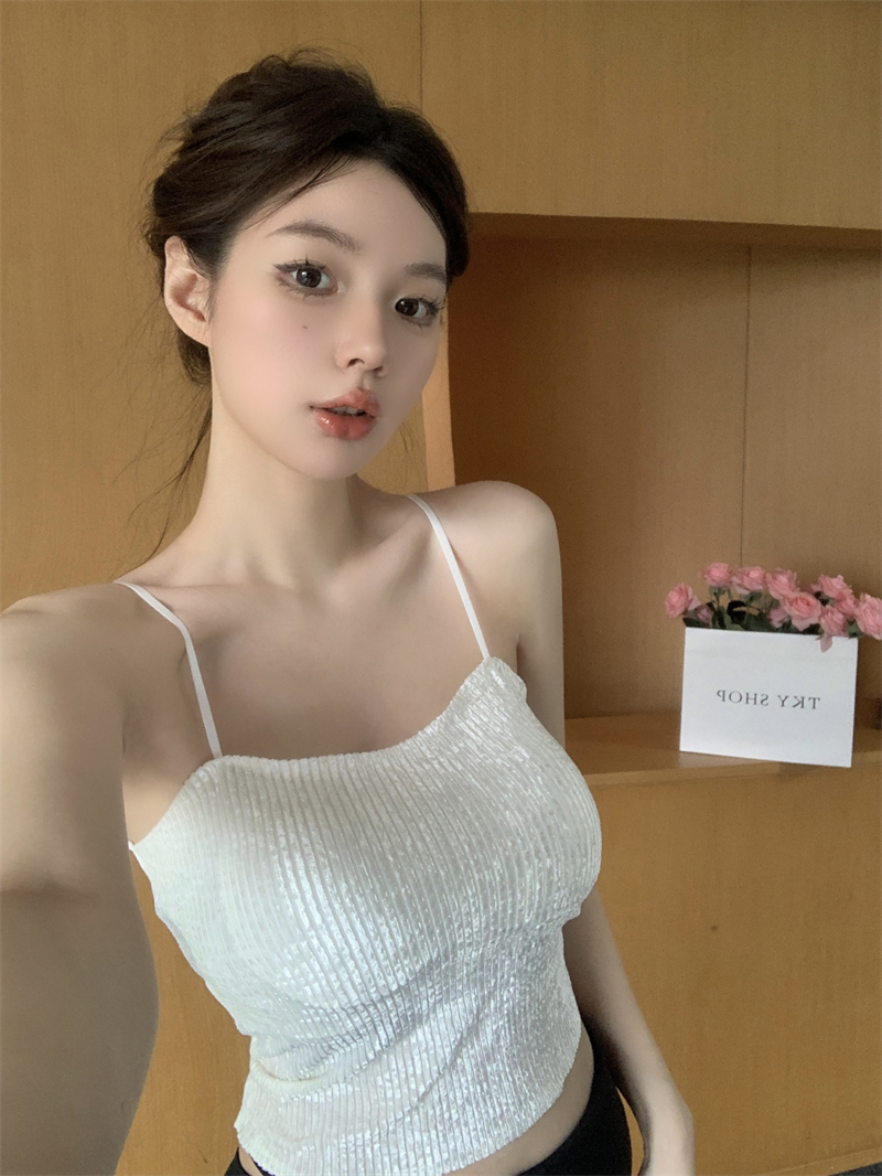 實拍價 純欲辣妹絲絨吊帶背心拼接秋冬季帶胸墊無袖打底上衣