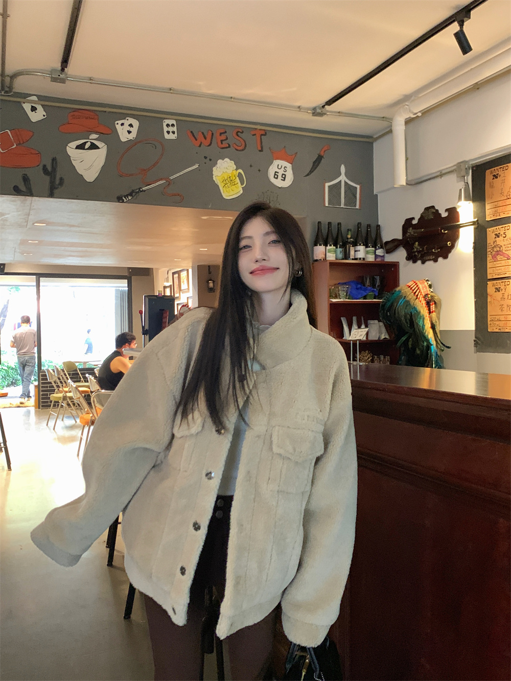 實拍~美式復古休閒百搭寬鬆羊羔絨加棉外套女