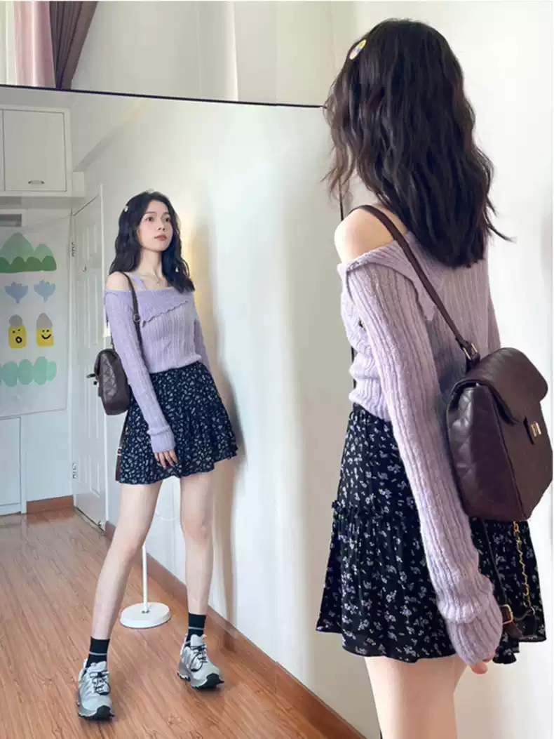 超好看紫色一字肩毛衣純欲風設計感吊帶針織衫上衣女2023新款秋款