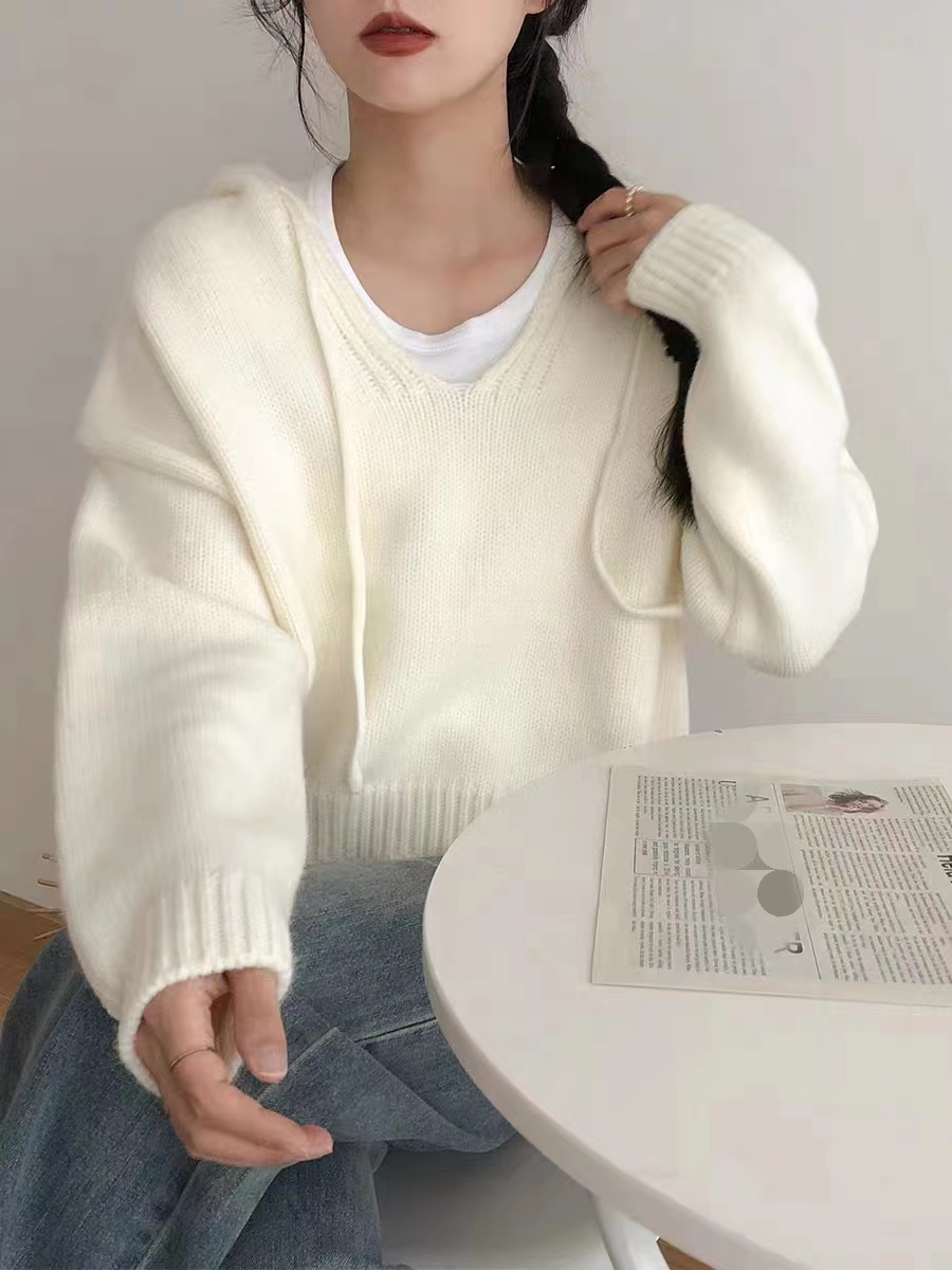 秋冬新品韓版連帽休閒針織毛衣女純色軟糯寬鬆版針織套頭衫外套