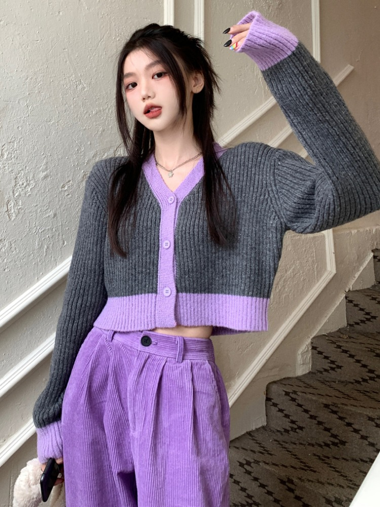 高級感撞色V領慵懶針織開衫毛衣外套女早春小個子溫柔系穿搭上衣