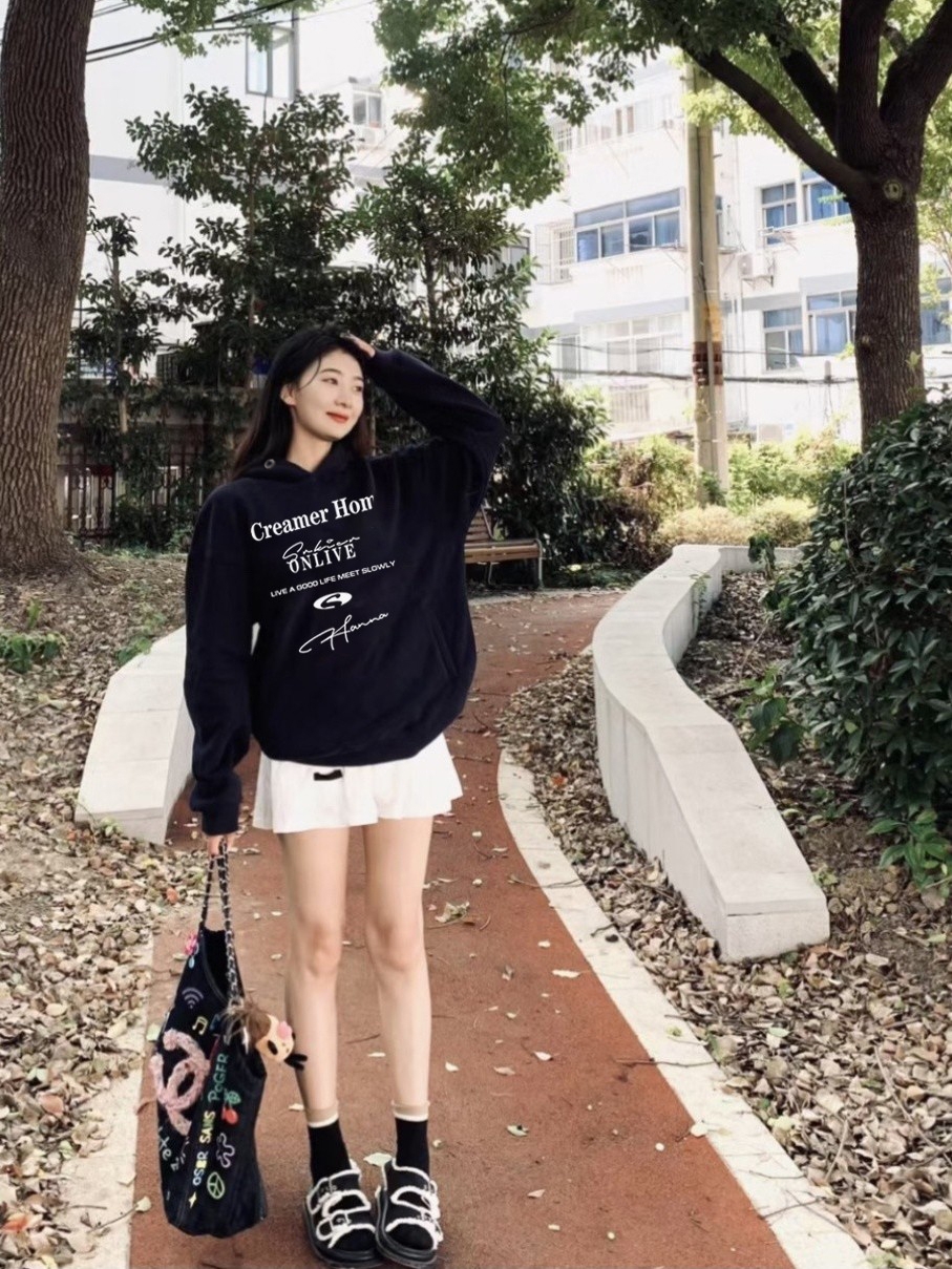 秋冬美式復古藏青色字母印花連帽衛衣女寬鬆百搭加絨外套慵懶上衣