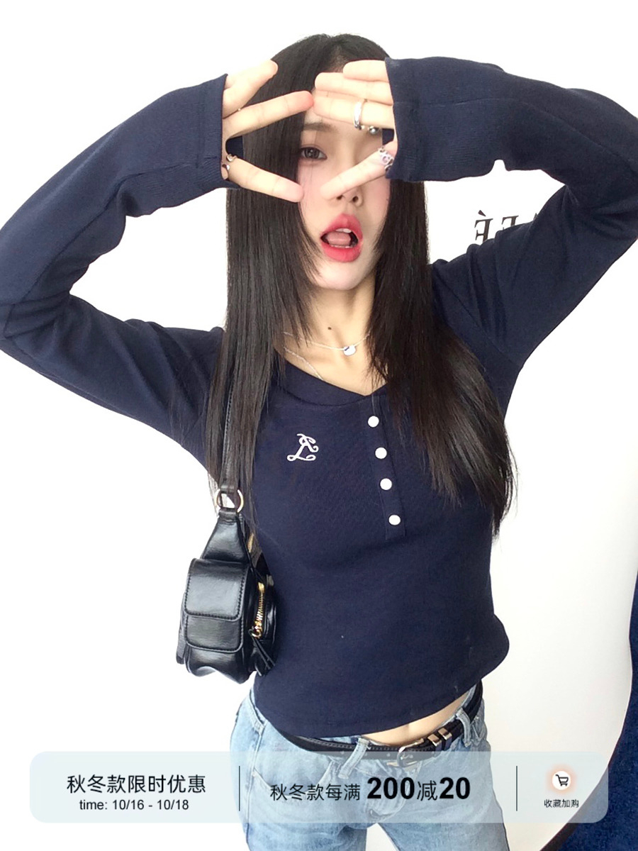 美式復古辣妹緊身V領長袖t恤女春秋設計感小眾別致獨特打底衫上衣