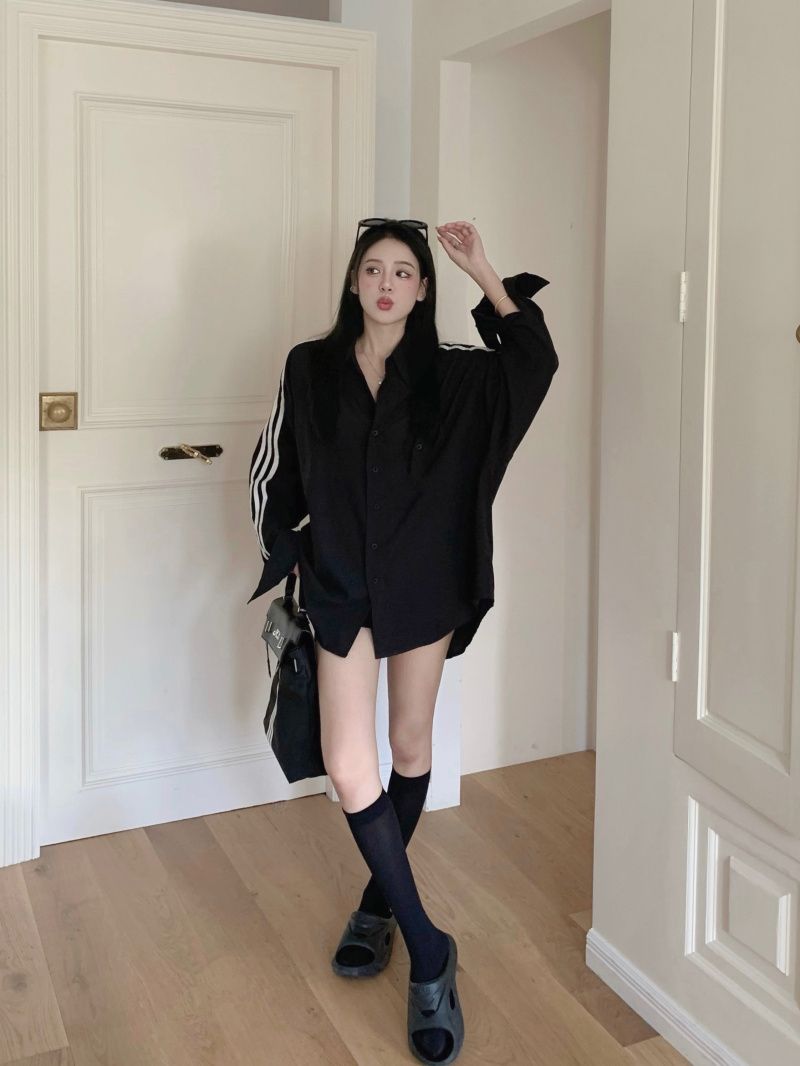 Autumn versatile sports shirt short coat women's loose niche striped slim design thin casual outer top