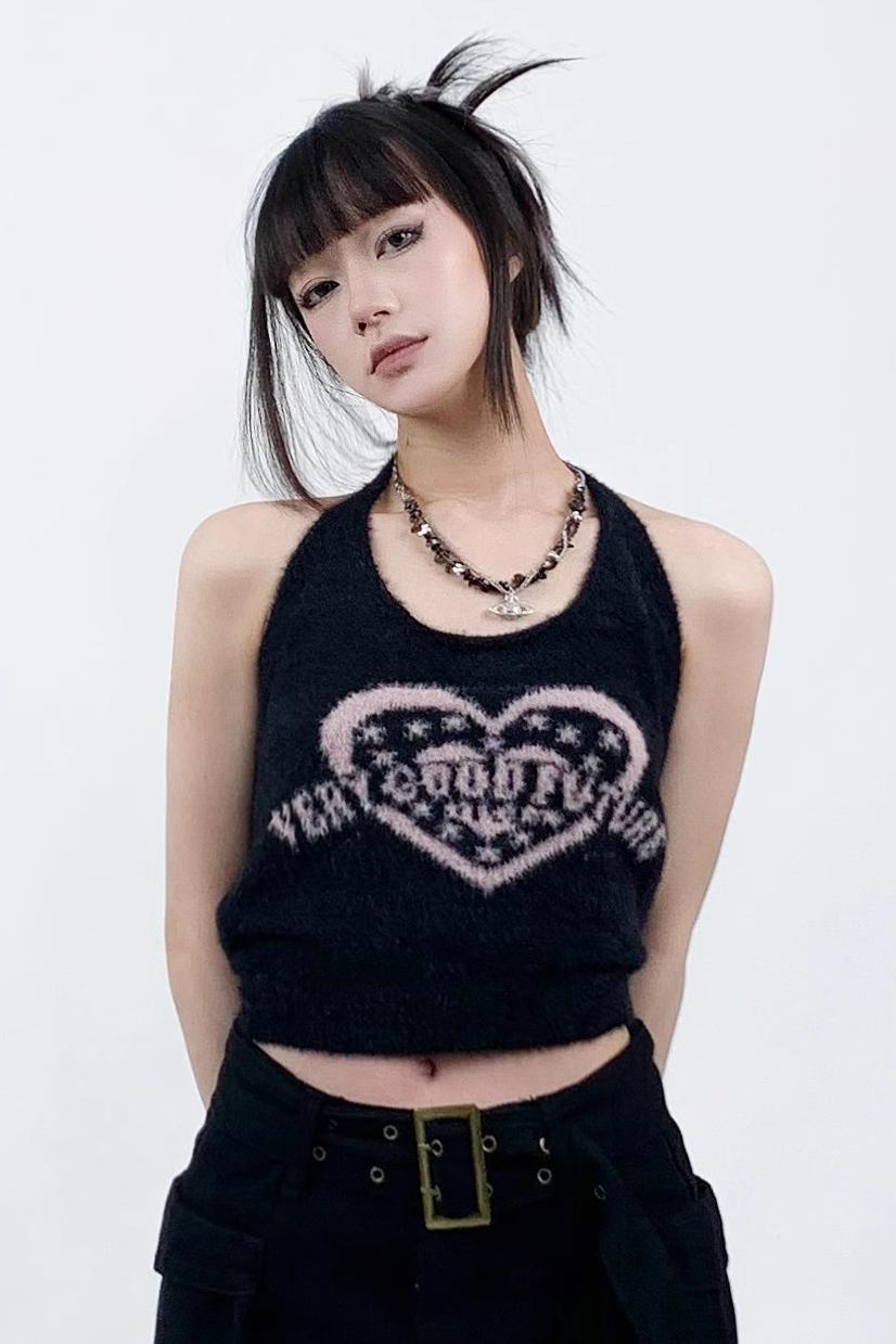 cuwu美式辣妹吊帶背心女夏季新款甜酷風修身露臍掛脖針織短款上衣