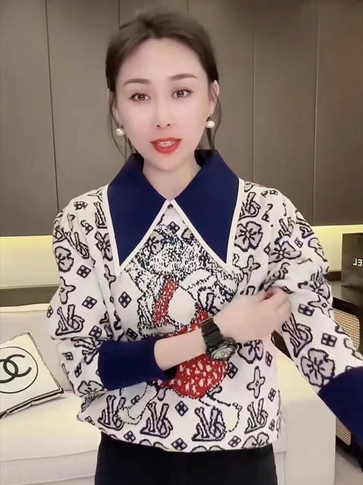 歐貨印花燙鑽毛衫女長袖2023冬季新款時尚氣質百搭打底衫大領毛衣