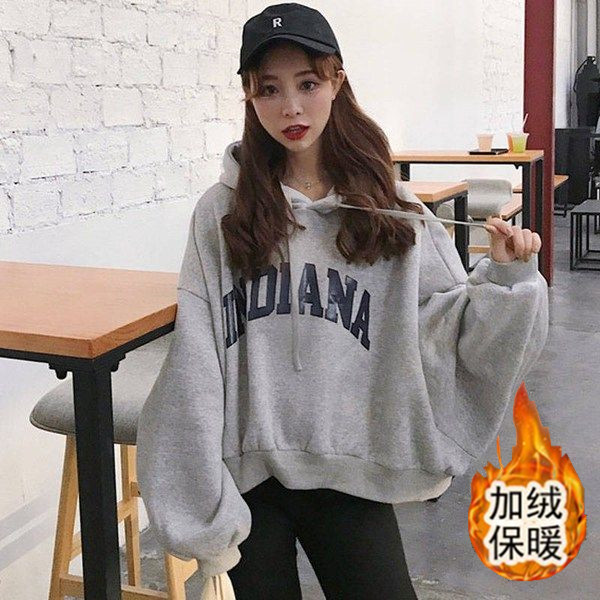 2023新款秋冬韓版學院風印花寬鬆加絨加厚連帽衛衣外套女