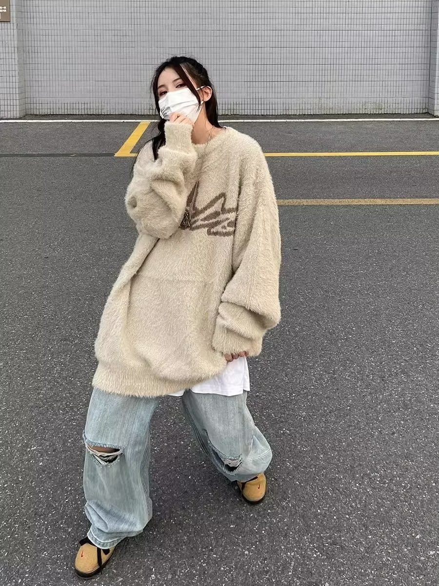 美式潮牌oversize設計感圓領毛衣男女2023年新款休閒針織衫上衣潮