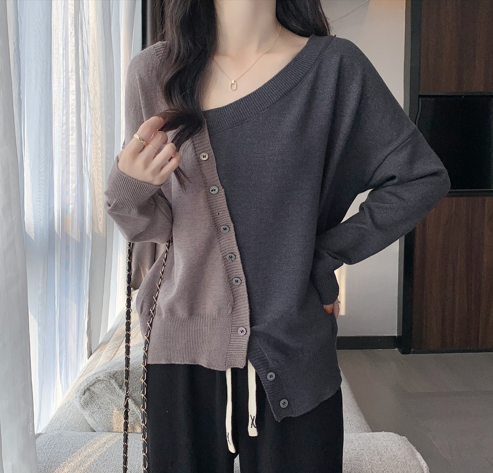 實拍~2023秋冬新品寬鬆顯瘦長袖拼接撞色針織毛衣開衫外套女