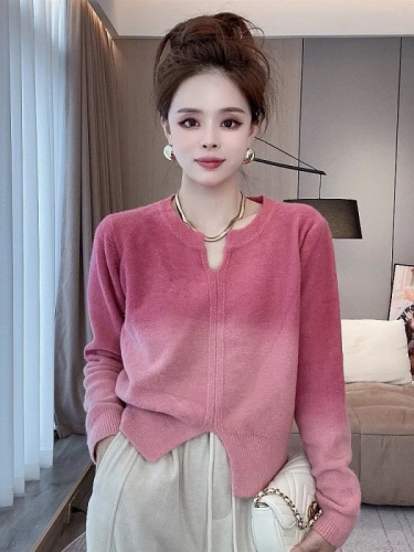 Gradient color knitted sweater women's autumn Korean version 2023 new design slim fit V-neck long-sleeved top ins