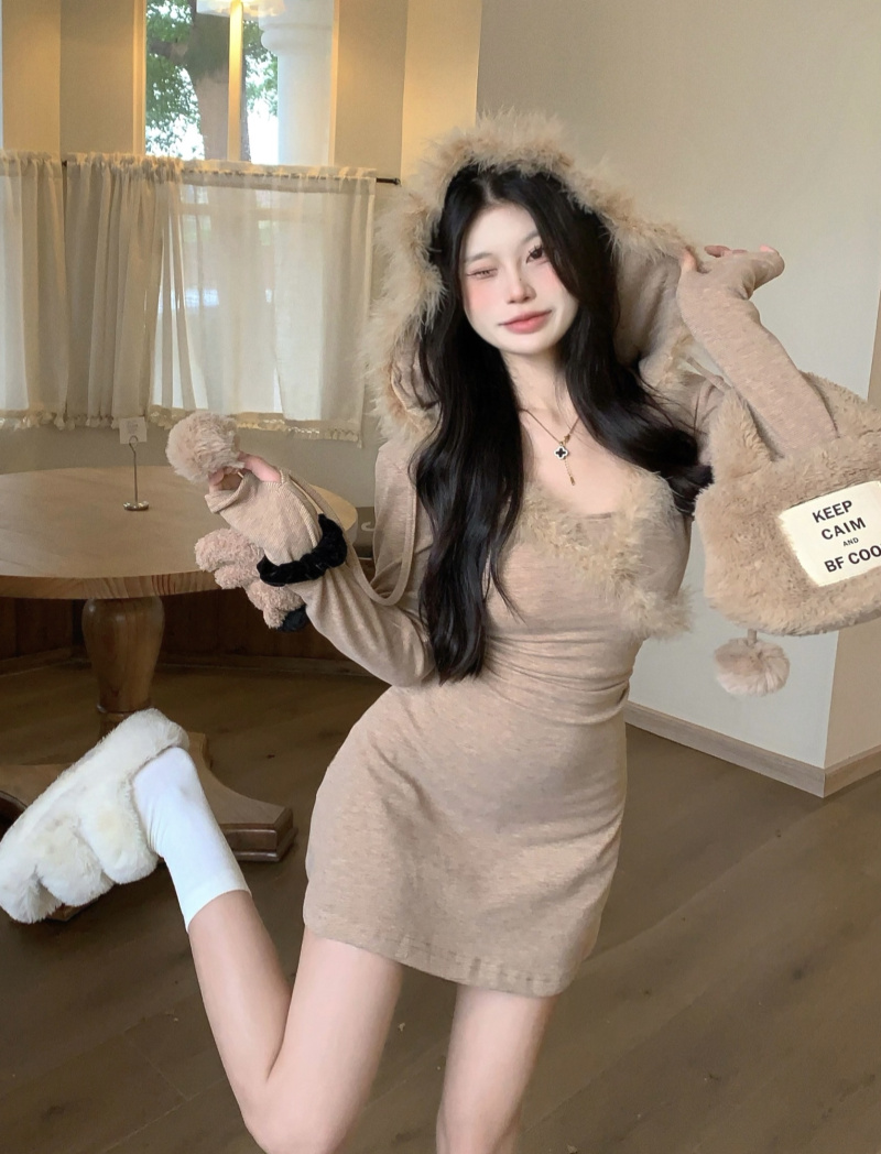 實拍~連帽毛毛收腰修身長袖連衣裙包臀裙短裙打底裙內搭裙