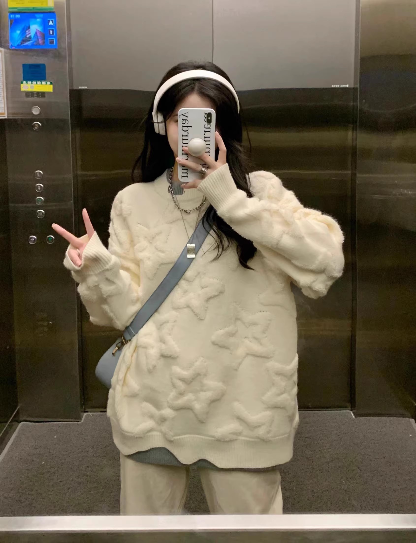 假兩件星星提花毛衣女春秋日系慵懶風復古設計感小眾外套奶系穿搭