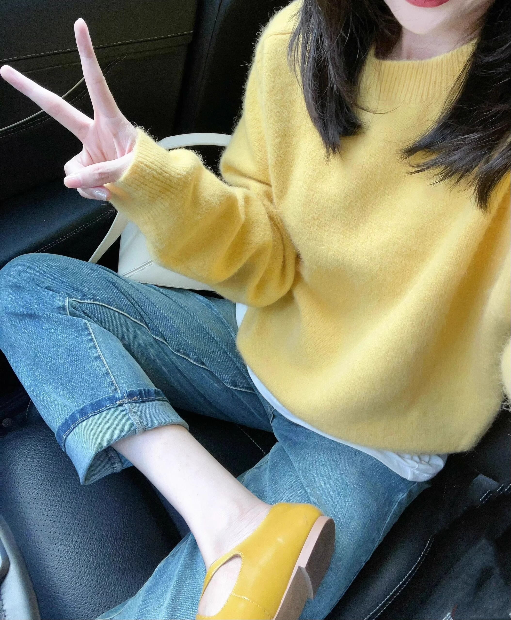 綿羊絨#韓版甜美風軟糯黃色圓領長袖毛衣女2023秋季新款修身顯瘦