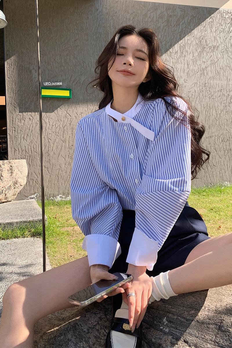2023新款設計感小眾藍色條紋襯衫上衣女裝獨特别致小衫襯衣春秋款