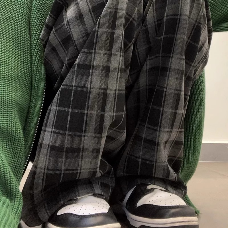 Black plaid pants for women spring, autumn and winter 2023 new high-waisted wide-leg pants casual slim floor-length straight pants