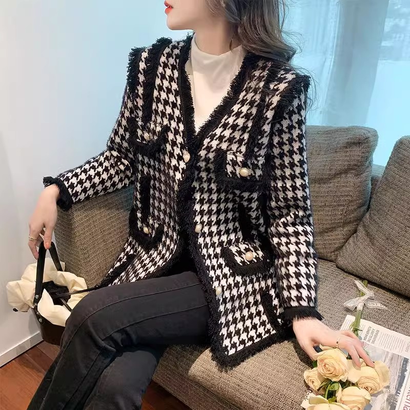 秋冬新款御姐范小香風千鳥格水貂絨外套時尚百搭流蘇加厚女裝開衫