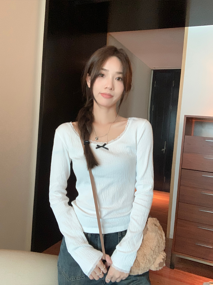 皺布棉 蕾絲拼接樹皮皺肌理長袖t恤蝴蝶結減齡顯瘦上衣