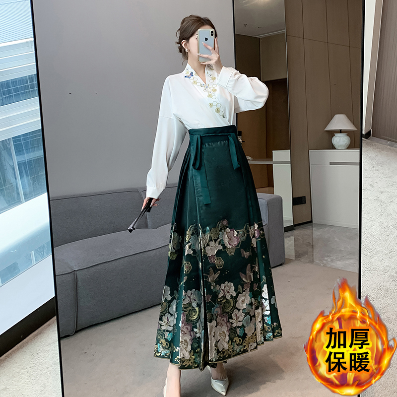 實拍 冬季新款明制漢服女馬面裙加厚磨毛保暖襯衫古風日常套裝裙