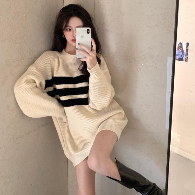 圓領條紋毛衣女2023新款寬鬆外穿慵懶風秋冬學生韓版百搭顯瘦仿棉