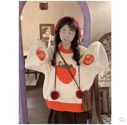 范雯雯 新鮮草莓 圓領立體草莓提花毛衣女秋季溫柔甜美套頭上衣
