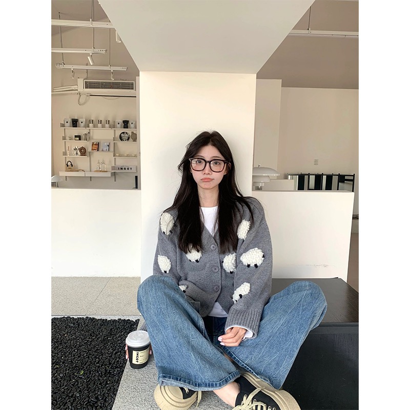 SunnyShop針織開衫女秋2023年新款寬鬆v領點彩澳羊絨綿羊毛衣外套