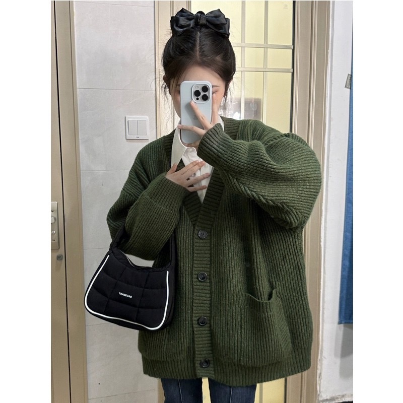 加厚帶標秋冬季慵懶開衫毛衣外套女復古寬鬆加厚軟糯V領針織衫
