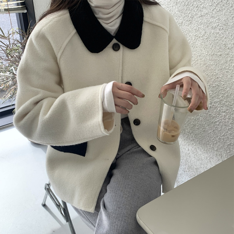 韓國chic秋冬氣質百搭翻領撞色小個子短款毛呢外套女